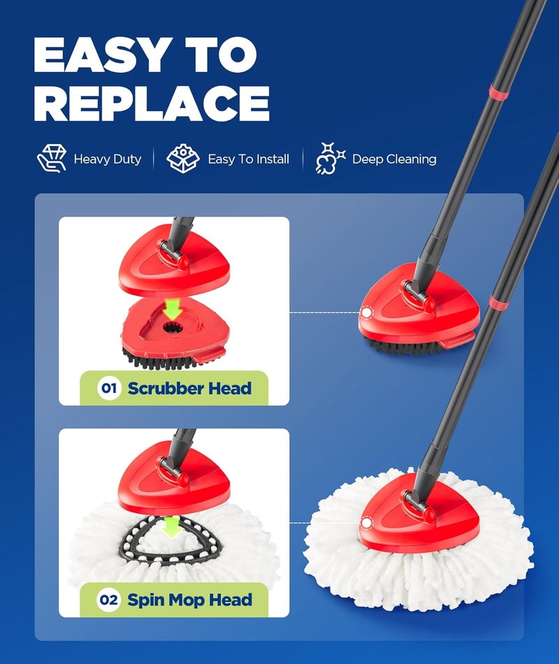 FMINGYU 4-in-1 Mop Heads Replacements for O Cedar EasyWring 1 Tank System, Includes 1 Base | 1 Scrub Brush Head | 2 Spin Mop Heads, Full Set Mop Replace Heads for Cleaning Home, Bathroom & Kitchen - Image 3